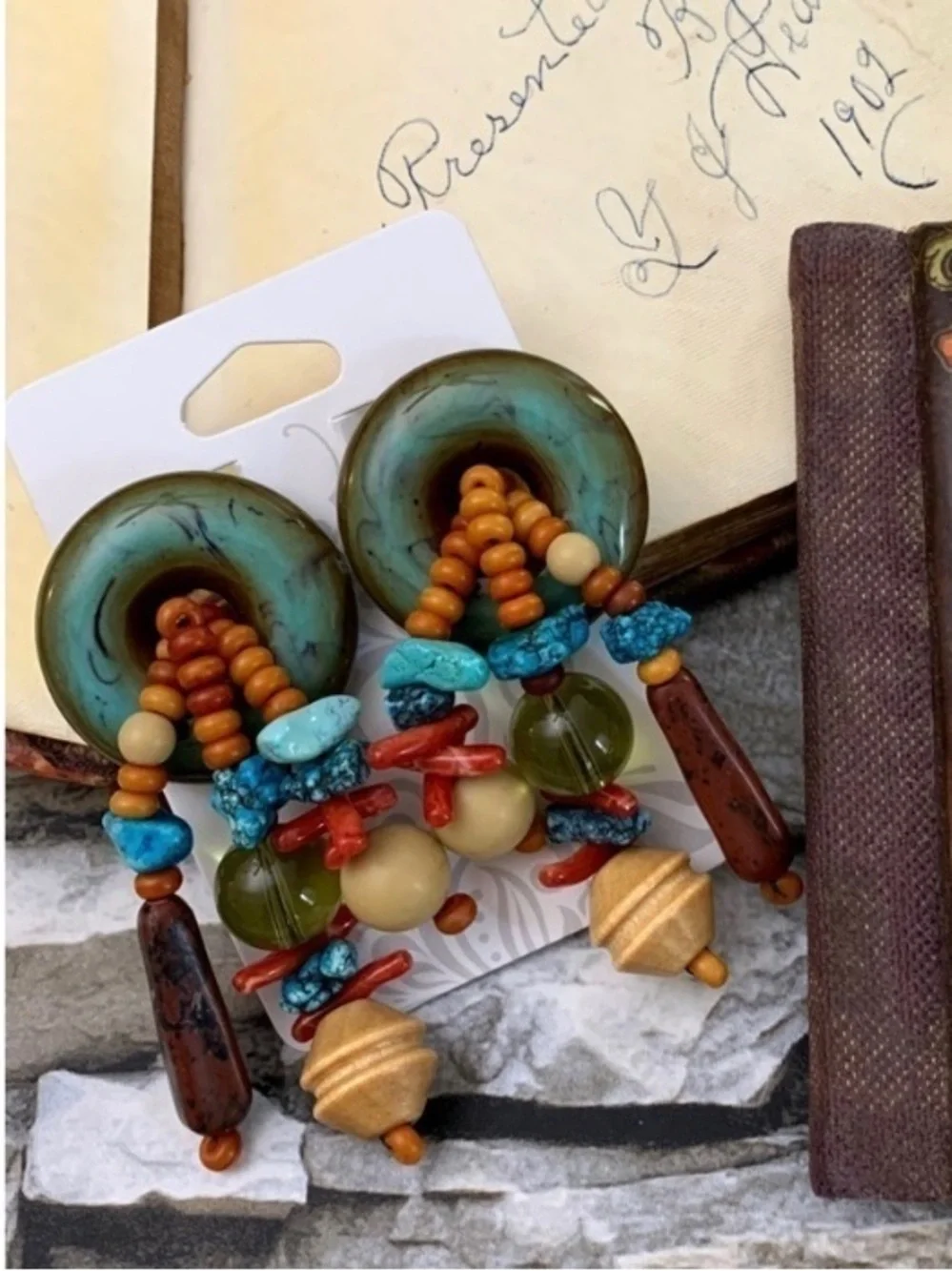 Vintage Runway Les Bernard Signed Turquoise Coral Disc Beads Statement Earrings